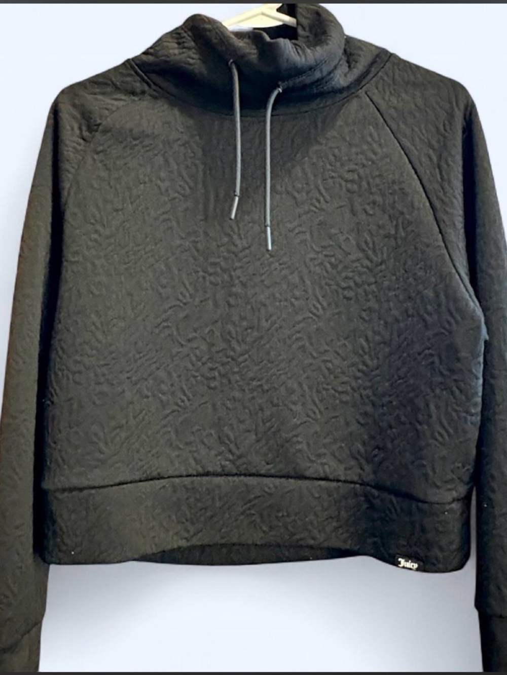 Juicy Couture Black Quilted Cowl Neck Cropped Pullover with Drawstring SZ Medium